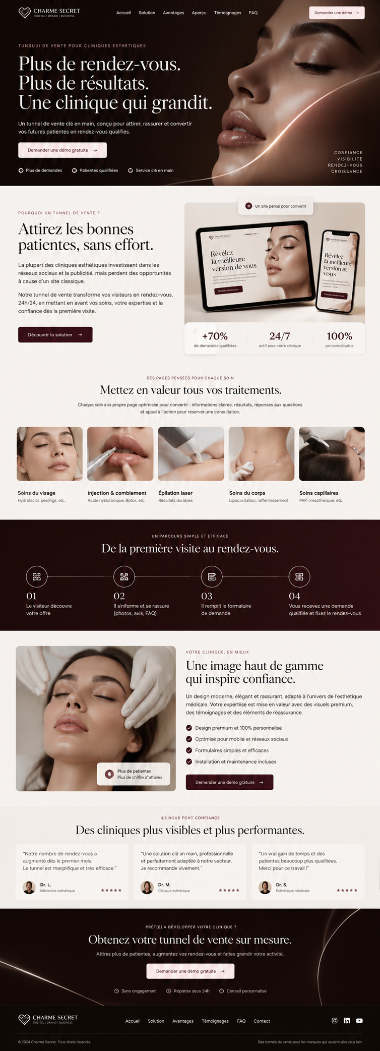 Aperçu visuel d'un tunnel de vente esthétique Charme Secret